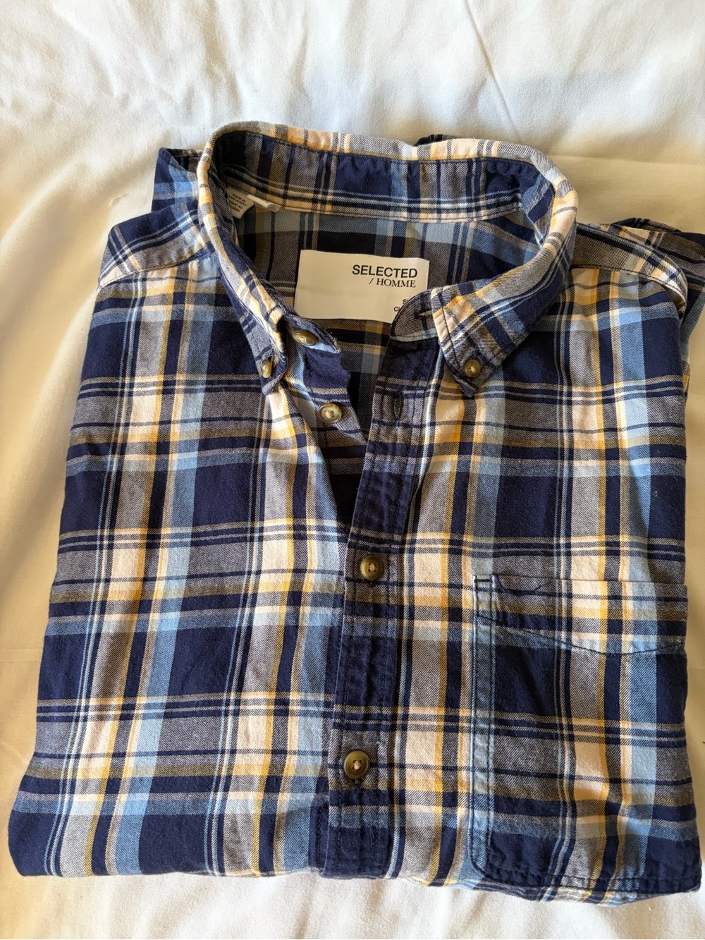 Selected Homme Men’s Navy and Light Blue Plaid Button-Down Shirt